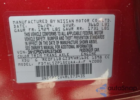 2024 Nissan Kicks Sv Xtronic Cvt z USA, uszkodzony, nr VIN 3N1CP5CV4RL573435